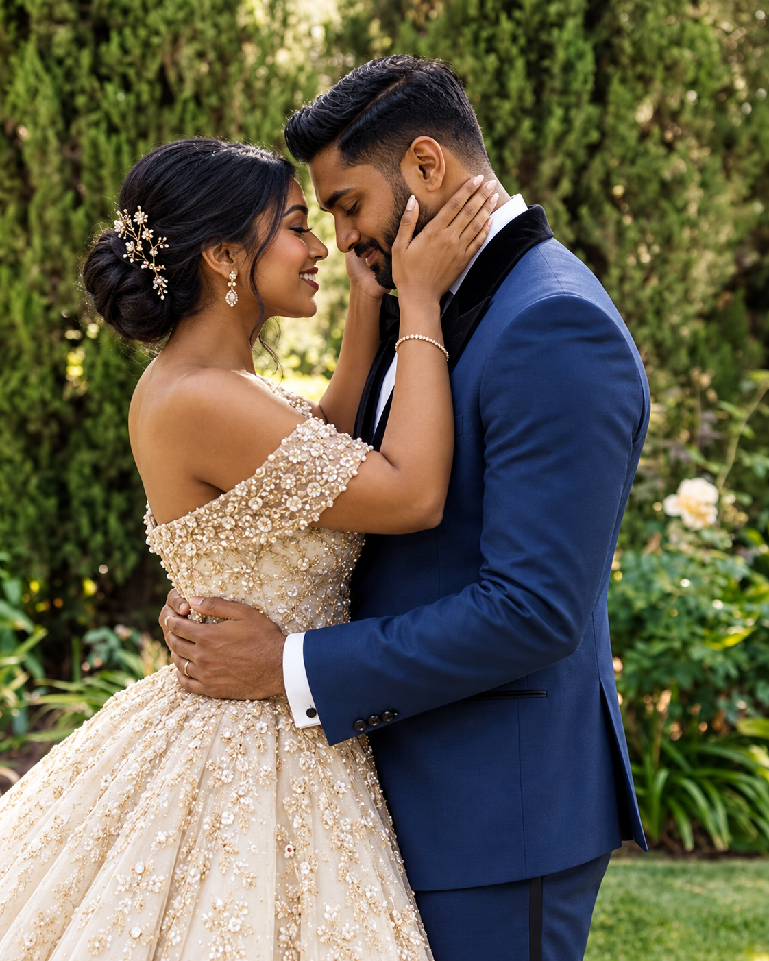 A bride in a gold embroidered gown and her groom in a navy tuxedo holding each other in a green garden