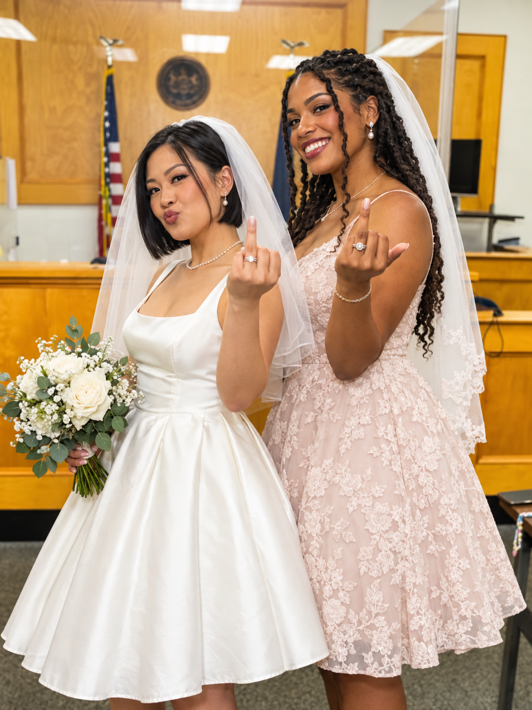 Two brides in veils showing off their rings after a courthouse ceremony