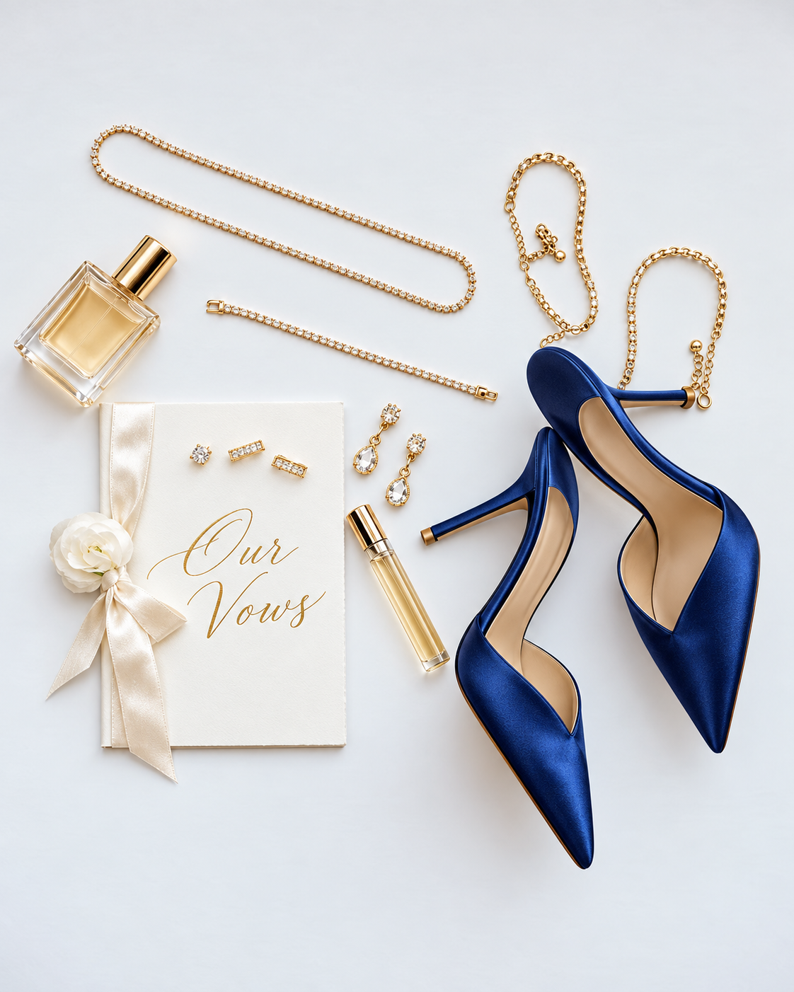 A cream vow book with gold lettering laid out beside navy satin heels, gold jewelry and perfume